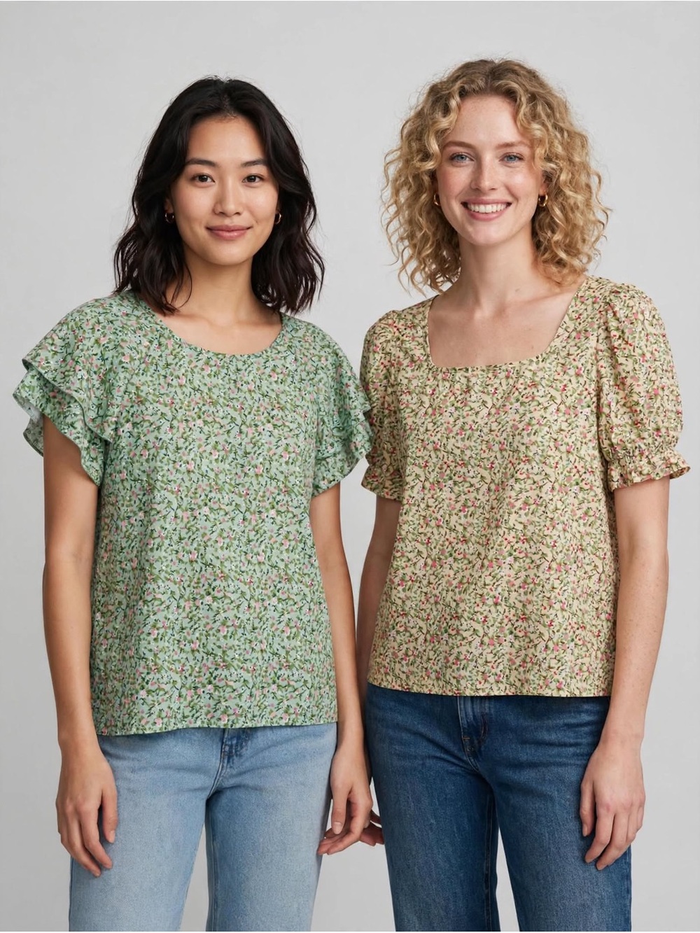 SHEIN Floral Square Neck Puff & Ruffle Sleeve Tops - Green & Cream